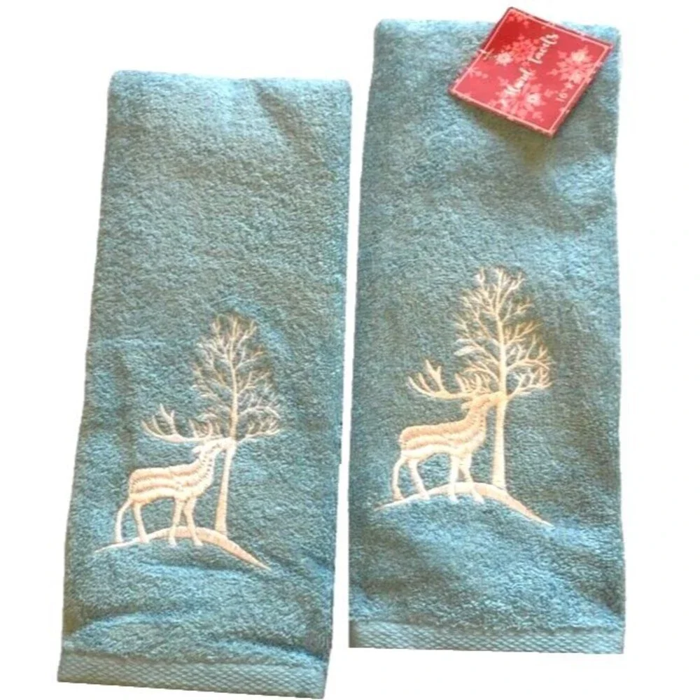 Christmas Tree Reindeer Hand Towels Holiday Embroidered Blue White Set of 2